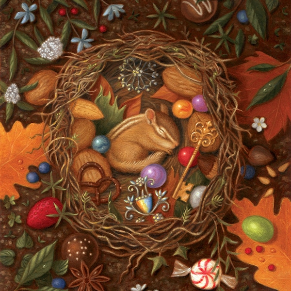 Chipmunk Art Print Nest Collection Animal Nature Whimsical Flora Fauna Wonder Cute Dream Sleeping