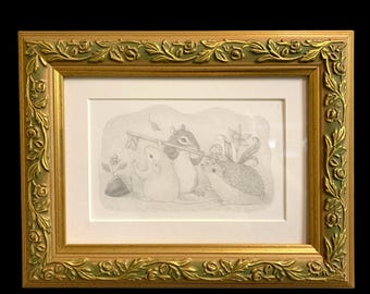 Disegno originale a matita, Lavoro di squadra, Arte murale stravagante, Scoiattolo striato, Scoiattolo