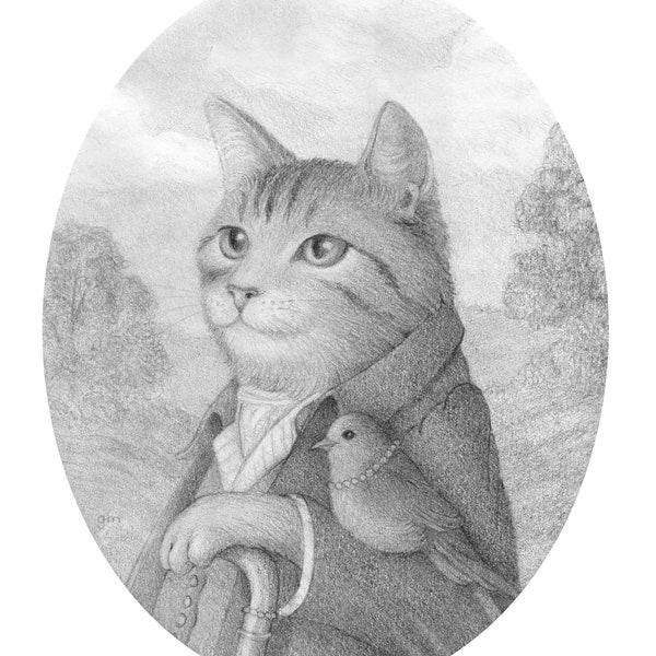 Cat Drawing Original Art Pencil Sketch Bird Friends Landscape Animal Nursery Kids Fun Happy Cute Whimsical