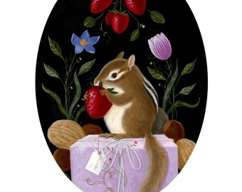 Woodland art print chipmunk nature strawberry time whimsical art