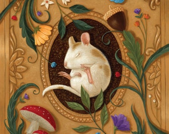 May include: A white mouse curled up and sleeping inside a gold oval frame surrounded by green leaves, red and white mushrooms, and blue and purple flowers.