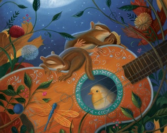 Chipmunks Sleeping Moon Nature Illustration Colorful Whimsical Flora Fauna Music Musician Storytime Happy Birdy Bird Flowers NightArt Print