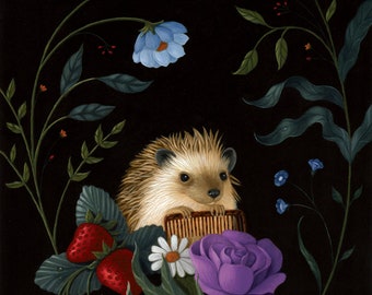 Woodland art print hedgehog cute nature