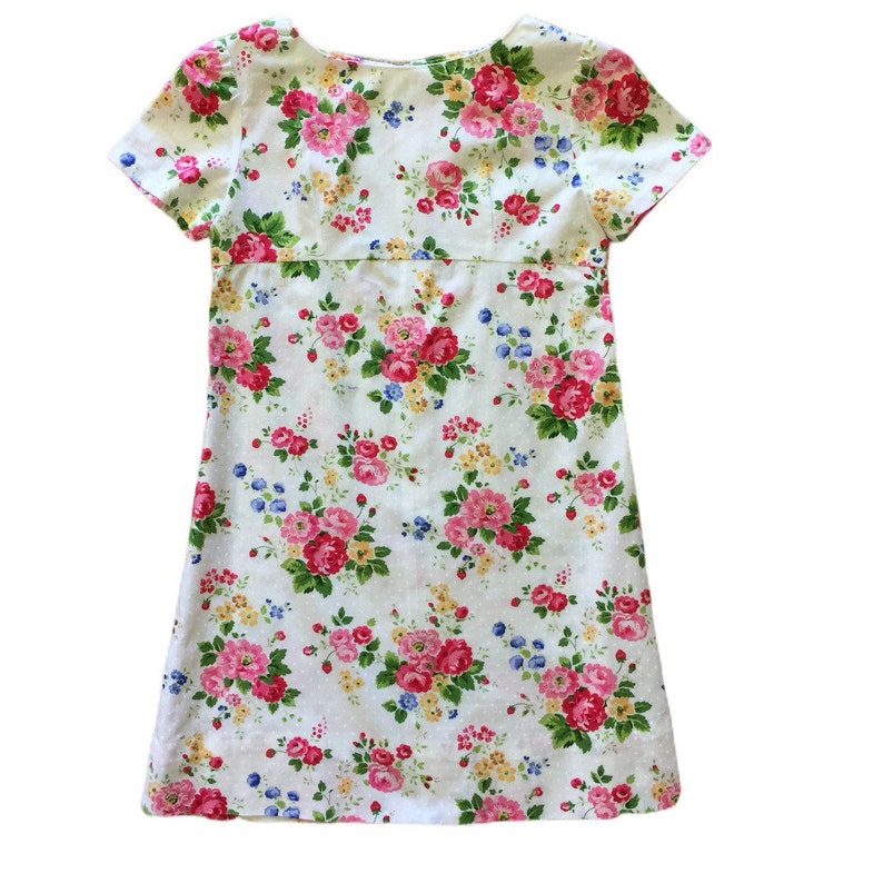 Sew Cinnamon Handmade Etsy Rose Floral Cotton A-Line GIRLS DRESS pink yellow dots blue 8 9 10 Sewn from a vintage pattern.