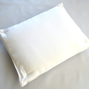 May include: A white pillow with a plain, smooth surface and a white fabric cover. The pillow is rectangular and has a slightly rounded shape.