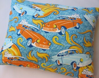The Perfect Toddler Pillow . Hot Rod Orange Aqua Blue Race Cars Flannel . Sew Cinnamon . Flat Thin Lightweight First Pillow