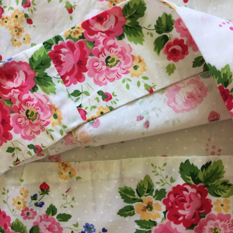 Sew Cinnamon Handmade Etsy Rose Floral Cotton A-Line GIRLS DRESS pink yellow dots blue 8 9 10 Sewn from a vintage pattern.