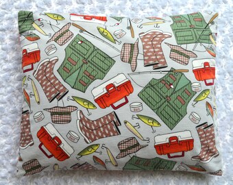 The Perfect Toddler Pillow . Fishing Gear Hat Pole Vest Bait on Flannel  . Sew Cinnamon . Flat First Travel Lightweight Thin