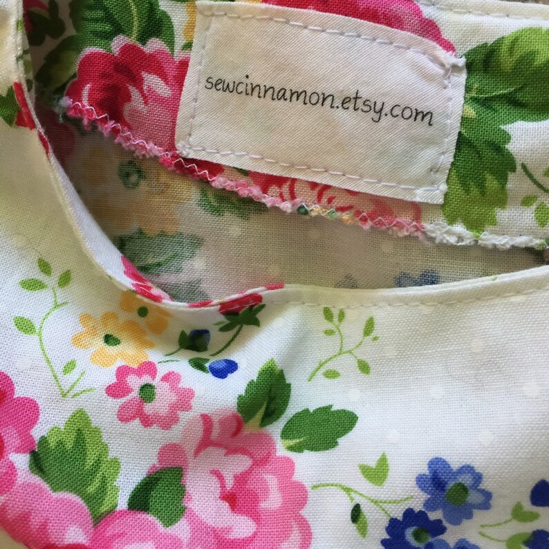 Sew Cinnamon Handmade Etsy Rose Floral Cotton A-Line GIRLS DRESS pink yellow dots blue 8 9 10 Sewn from a vintage pattern.