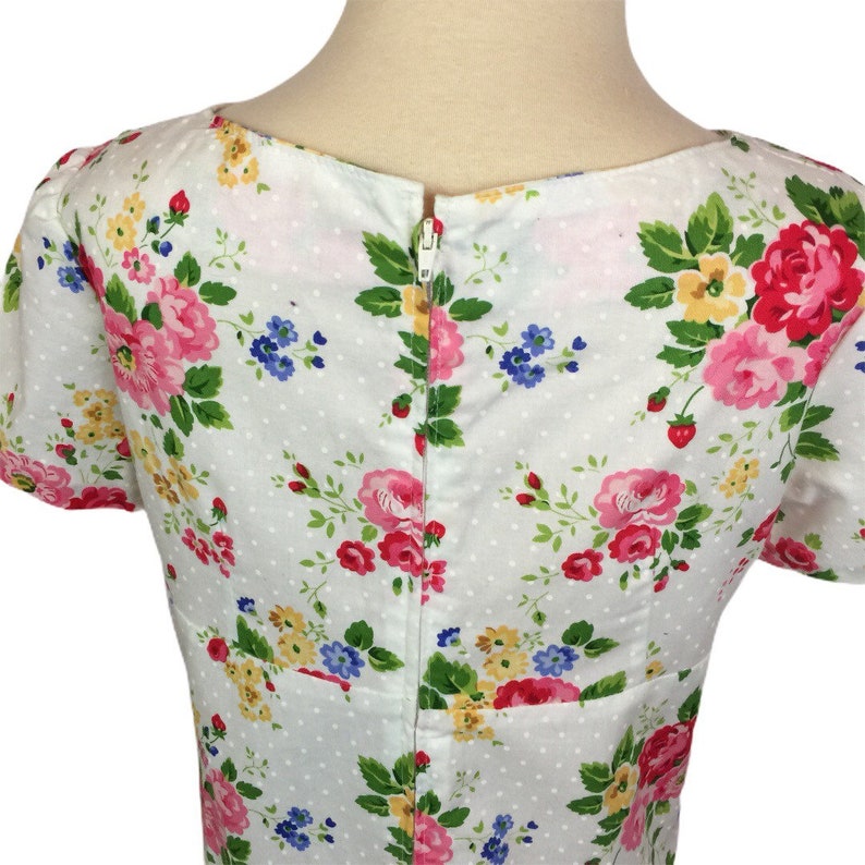 Sew Cinnamon Handmade Etsy Rose Floral Cotton A-Line GIRLS DRESS pink yellow dots blue 8 9 10 Sewn from a vintage pattern.