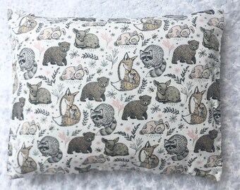 The Perfect Toddler Pillow . Woodland Forest Animals on White Flannel  . Sew Cinnamon . Flat Lightweight Travel First Fox Deer Bear Bees