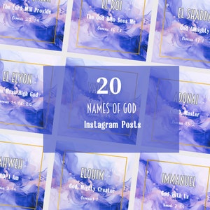 20 Divine Names of God Canva Bundle: Amethyst Social Media Graphics Pack. Ready-to-Use Christian digital download.