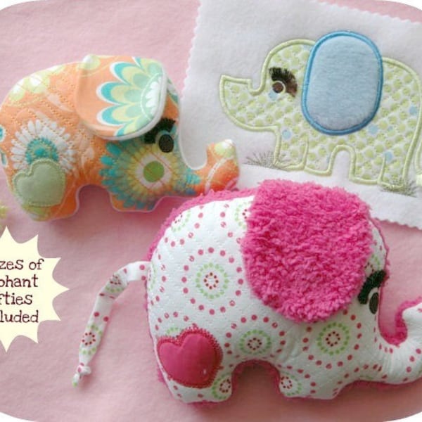 In the Hoop Elephant Softie Toys & Matching Applique Machine Embroidery Files Instant Download