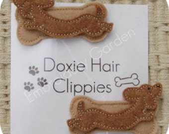 In the Hoop Dachshund Felt Hair Clippie Machine Embroidery Design Instant Download