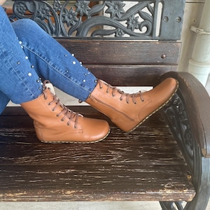 High Ankle Boots, Leather Handmade Earthing For Women Tan Boots, Barefoot Boots With Zipper, Grounding Women Boots, Laced Up Wide Boots