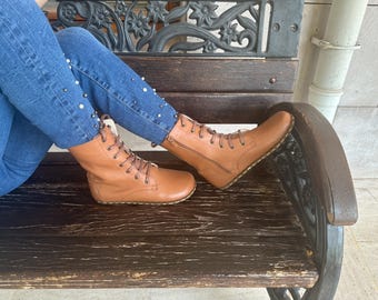 Handmade Leather High Ankle Barefoot Boots: Tan Earthing Grounding Shoes