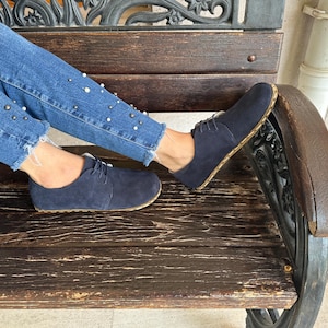 Zero Drop Shoes, Womens Oxford Shoes, Barefoot Suede Nawy Blue Shoes, Womens Moccasins, Earting Shoes, Wide Toe Box Slip-On, All Natural