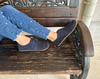 Womens Navy Suede Oxford Shoes, Wide Toe, Barefoot Moccasins  display picture 1