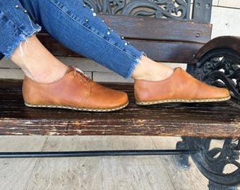 Handmade Leather Barefoot Oxford Shoes - Crazy Honey Caramel, Wider Women's Design