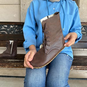 Barefoot For Women Crazy Brown Boots, Earthing Handmade High Ankle Boots, Leather Boots With Zipper, Grounding Boots, Laced Up Wide Boots