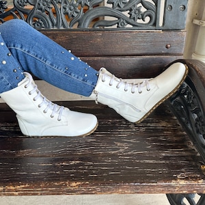 High Ankle Boots, Leather Boots With Zipper, Handmade Barefoot Earthing For Women White Boots, Grounding Women Boots, Laced Up Wide Boots