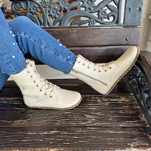 Leather Handmade Earthing For Women Cream Boots, High Ankle Boots, Barefoot Boots With Zipper, Grounding Women Boots, Laced Up Wide Boots