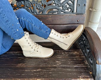 Handmade Leather Barefoot Boots, High Ankle, Cream Grounding Boots