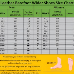 May include: A size chart for leather barefoot wider shoes, with EU and US/CA sizes for men and women. Includes insole length in centimeters and toe box width in centimeters. Instructions for measuring feet are also provided.