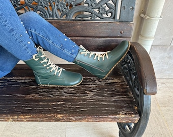 Handmade Leather Barefoot Boots: Green High Ankle, Wide Toe