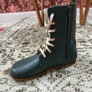 Handmade Green Barefoot Men Boots, Earthing Boots, High Ankle Boots, Black Leather Boots With Zipper, Grounding Boots, Laced Up Wide Boots