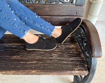 Womens Black Suede Oxford Shoes, Barefoot Loafers