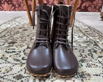 Barefoot Men Brown Boots, Handmade High Ankle Earthing Leather Boots