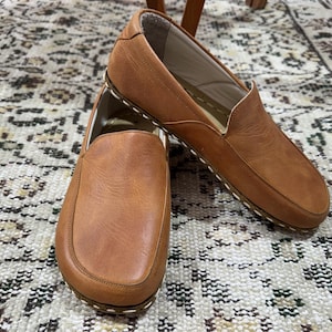 Leather Handmade Grounding Crazy Honey Caramel Shoes, Barefoot Shoes Men, Wide Toe Box Slip On Shoes, Men Loafers Footwear, Slip On Shoes