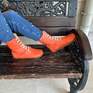 Handmade Earthing Barefoot For Women Orange Boots, High Ankle Boots, Leather Boots With Zipper, Grounding Women Boots, Laced Up Wide Boots