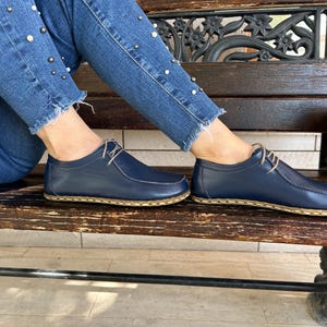 Women&#39;s Handmade Navy Leather Barefoot Shoes, Breathable, Natural, Minimalist, Ergonomic, Grounding (Earthing), Eco-Friendly & Healthy, Nawy