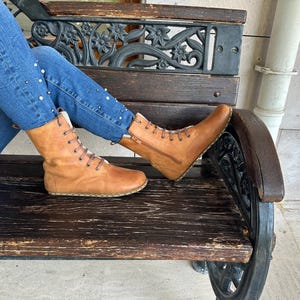 Barefoot For Women Crazy Caramel Boots, Earthing Handmade High Ankle Boots, Leather Boots With Zipper, Grounding Boots, Laced Up Wide Boots