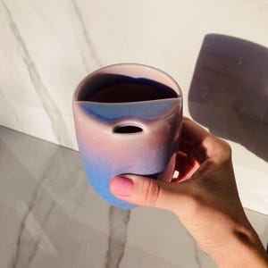 Handmade Ceramic Travel Mug w/Half Lid & Thumbprint Dimple - Stardust Glaze | ToGo | Unique Pottery Mug Gift | Fits Car Cup Holders image 8