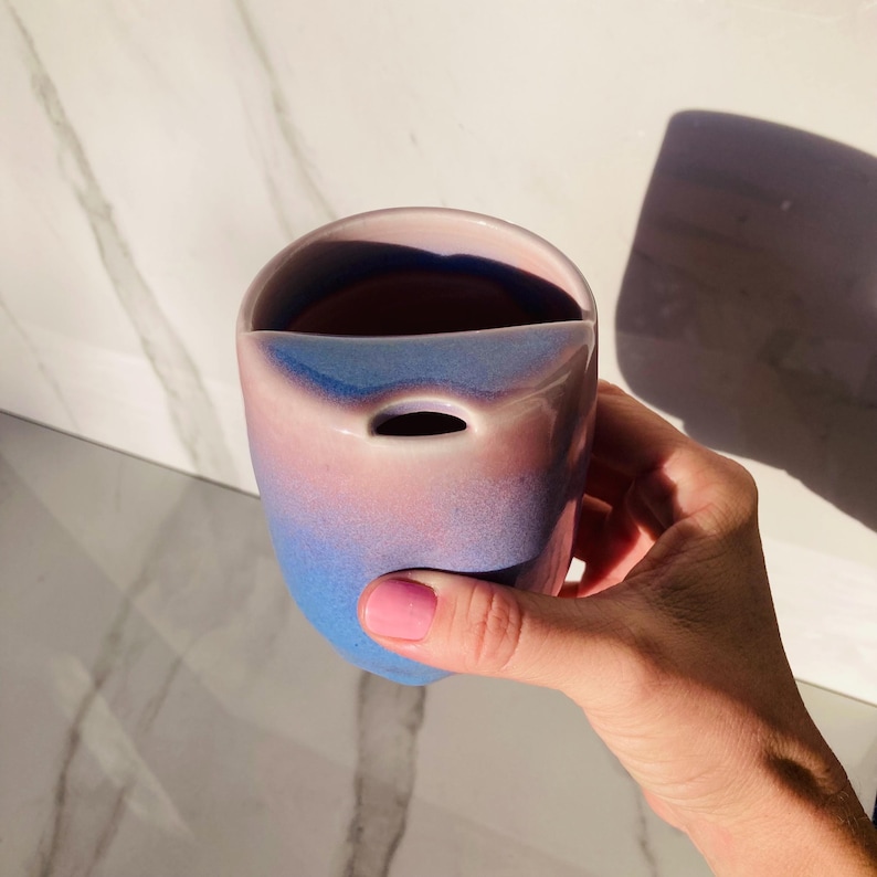 Handmade Ceramic Travel Mug w/Half Lid & Thumbprint Dimple - Stardust Glaze | ToGo | Unique Pottery Mug Gift | Fits Car Cup Holders image 8