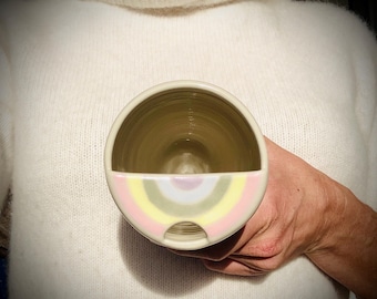 Pre-Order Handmade Rainbow Ceramic Travel Mug with Lid | Unique Pottery Gift | Coffee Mug with Thumbprint Dimple | Fits in Car Cup Holder
