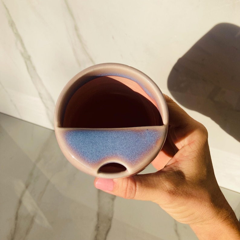 Handmade Ceramic Travel Mug w/Half Lid & Thumbprint Dimple - Stardust Glaze | ToGo | Unique Pottery Mug Gift | Fits Car Cup Holders image 5