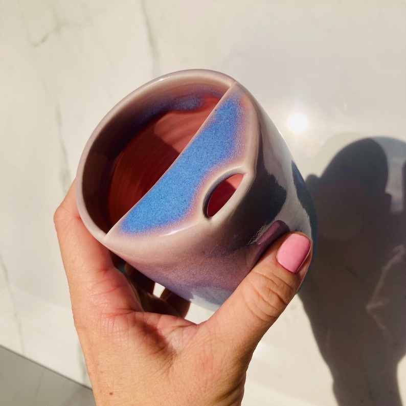 Handmade Ceramic Travel Mug w/Half Lid & Thumbprint Dimple - Stardust Glaze | ToGo | Unique Pottery Mug Gift | Fits Car Cup Holders image 4