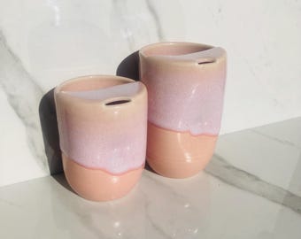 Magical Pink Aura Ceramic Travel Mug with Half Lid & Dimple Thumbprint, Handmade Pottery Mug | To-go Coffee Cup | Fits in Car Cup Holder