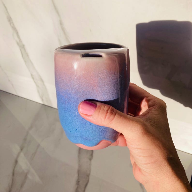 Handmade Ceramic Travel Mug w/Half Lid & Thumbprint Dimple - Stardust Glaze | ToGo | Unique Pottery Mug Gift | Fits Car Cup Holders image 10
