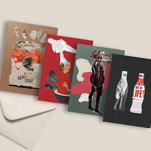 Conjunto de 4 postales, impresiones de arte 4x6, arte asequible, papelería moderna, ideas de regalos, vintage, arte original único, técnicas de collage