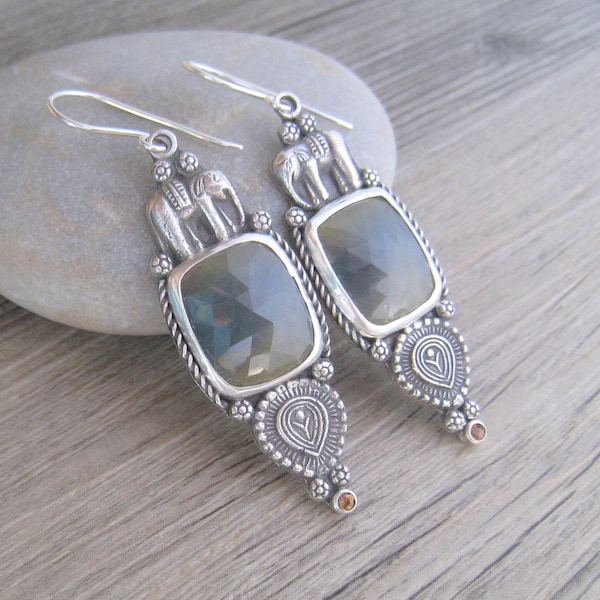 Blue and Yellow Bi-Color Sapphire Earrings in sterling silver, elephant earrings, birthstone jewelry