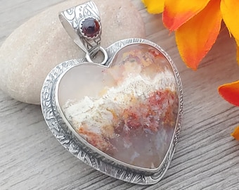 Heart Pendant with Regency Rose Plume Agate and Garnet in Sterling Silver