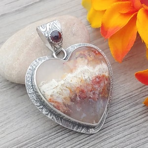 Heart Pendant with Regency Rose Plume Agate and Garnet in Sterling Silver