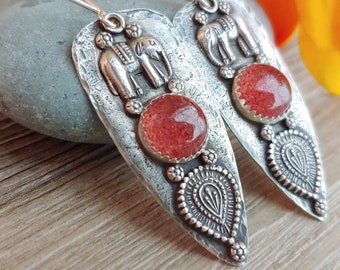 Strawberry Quartz Elephant Earrings in Rustic Sterling Silver