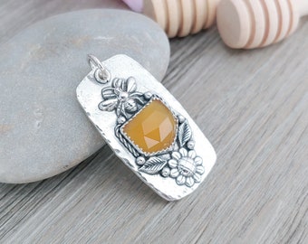 Bee 'n Honey Pendant in Rustic Sterling Silver with Yellow Chalcedony - rounded rectangle dogtag shape