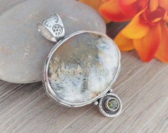 Regency Rose Plume Agate Pendant with Green Tourmaline in Sterling Silver